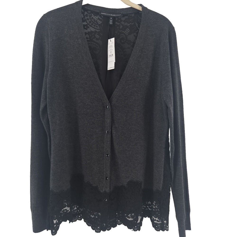 WHBM Medium M Heather Gray & Black Lace Contrast Snap-Front Wool Sweater New $89